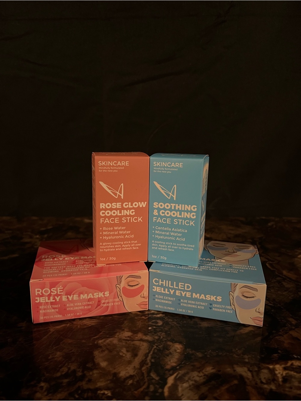 Cooling Face Sticks & Jelly Eye Masks Set - Rose Glow & Soothing (Pink & Blue)